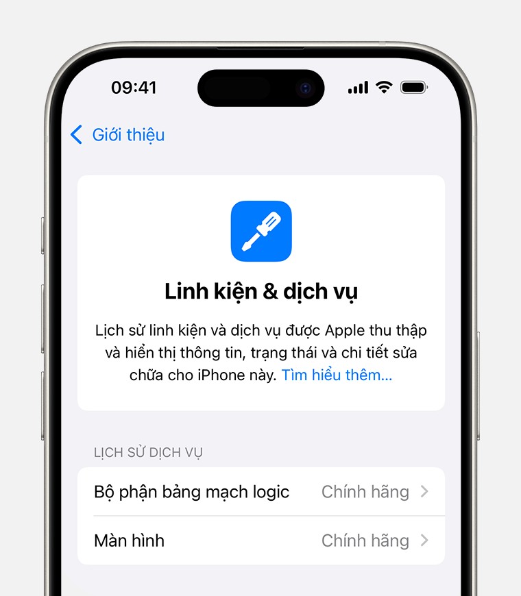 Màn hình Lịch sử linh kiện và dịch vụ hiển thị hai linh kiện chính hãng của Apple được thay thế