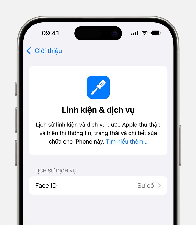 Thông báo về sự cố Face ID trong Lịch sử linh kiện và dịch vụ.