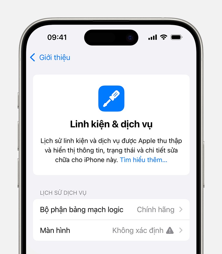 Màn hình Lịch sử linh kiện và dịch vụ cùng thông báo Linh kiện không xác định