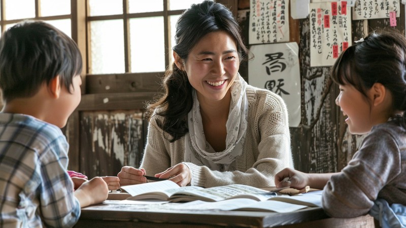 Cô giáo chủ nhiệm đang dạy học với 2 em học sinh