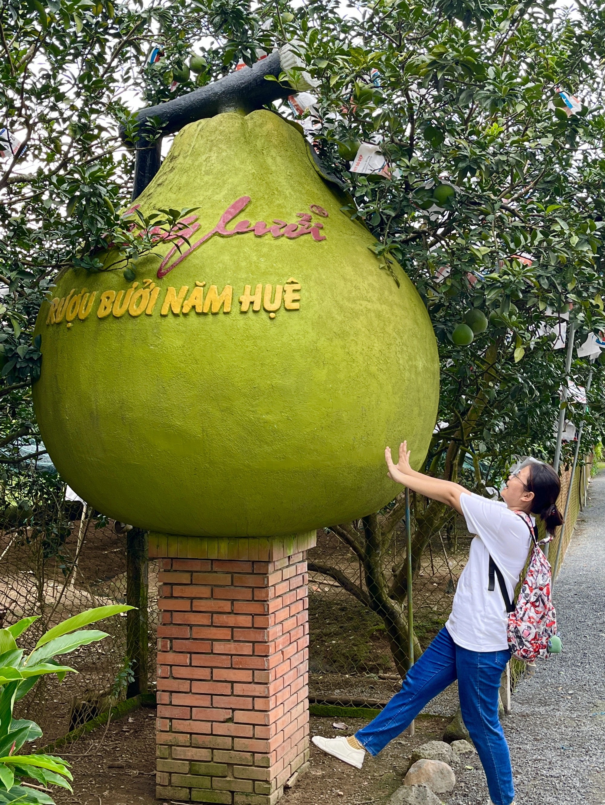Bạn trẻ check-in với trái bưởi 