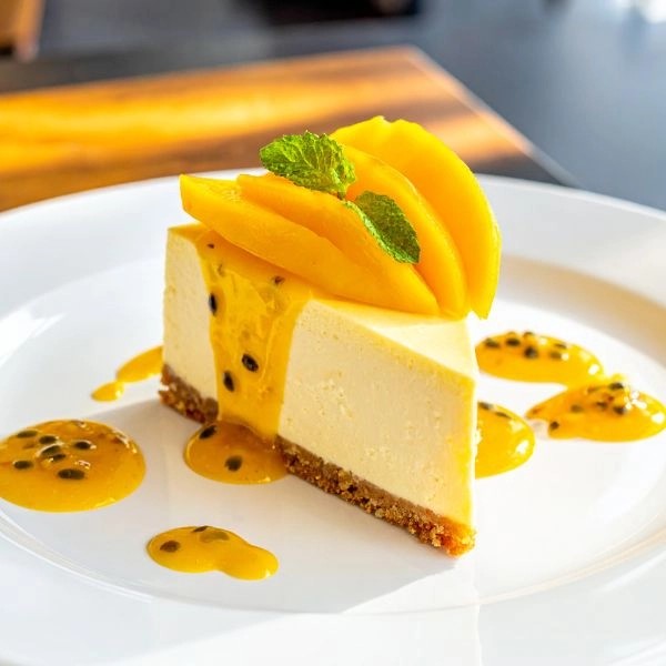 Bánh mousse chanh dây Rồng Đỏ với lớp sốt vàng óng phủ trên bề mặt